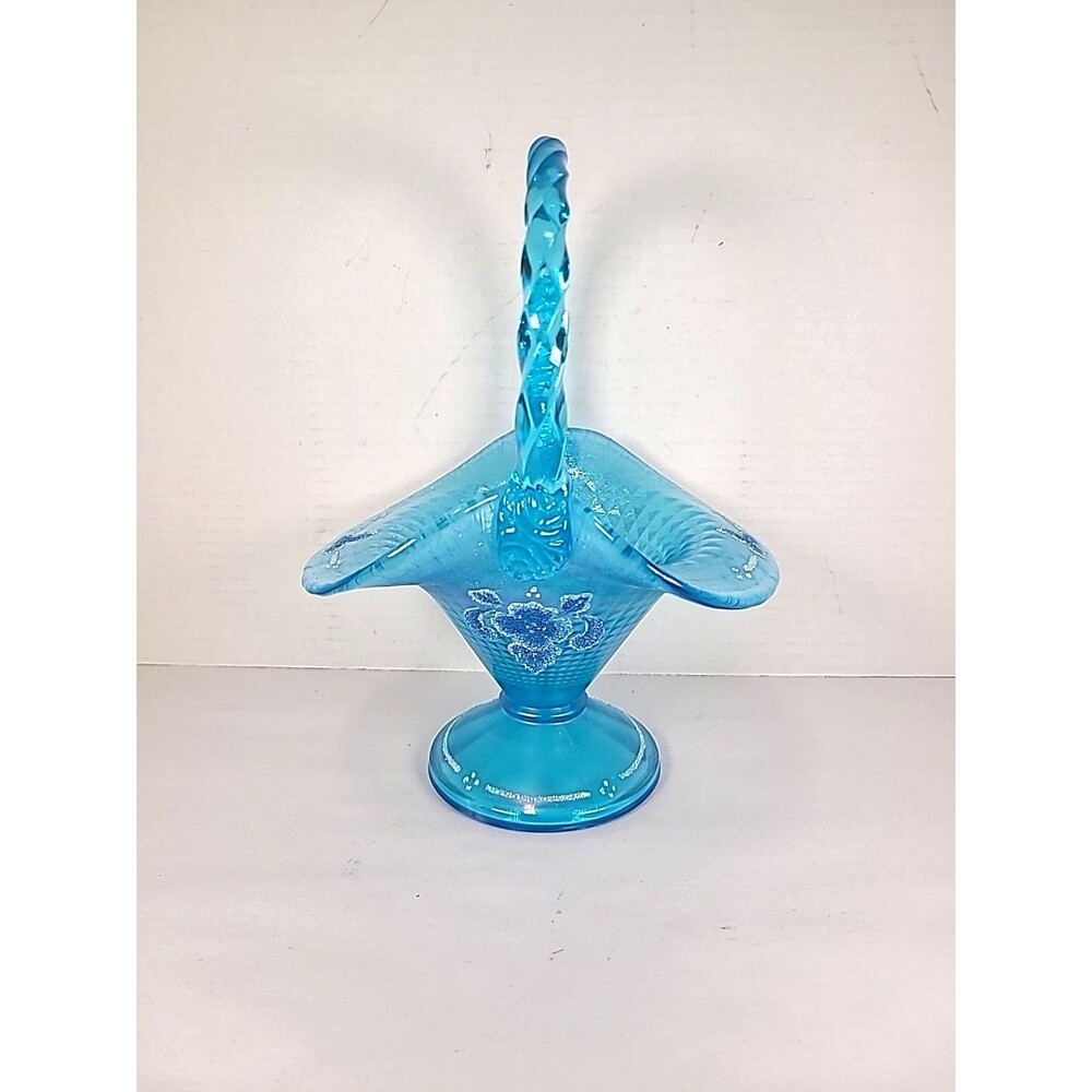 Fenton 90th Anniversary Coralene Celestial Painted Blue Glass Basket Signed